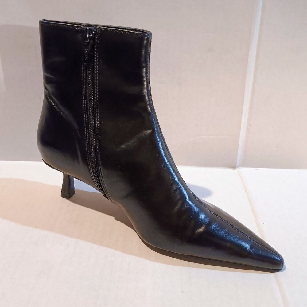 Mango MNG Kitten Heel Ankle Boots-Size 37/US 6.5-Pointed Toe-Side Zip-Fx Leather